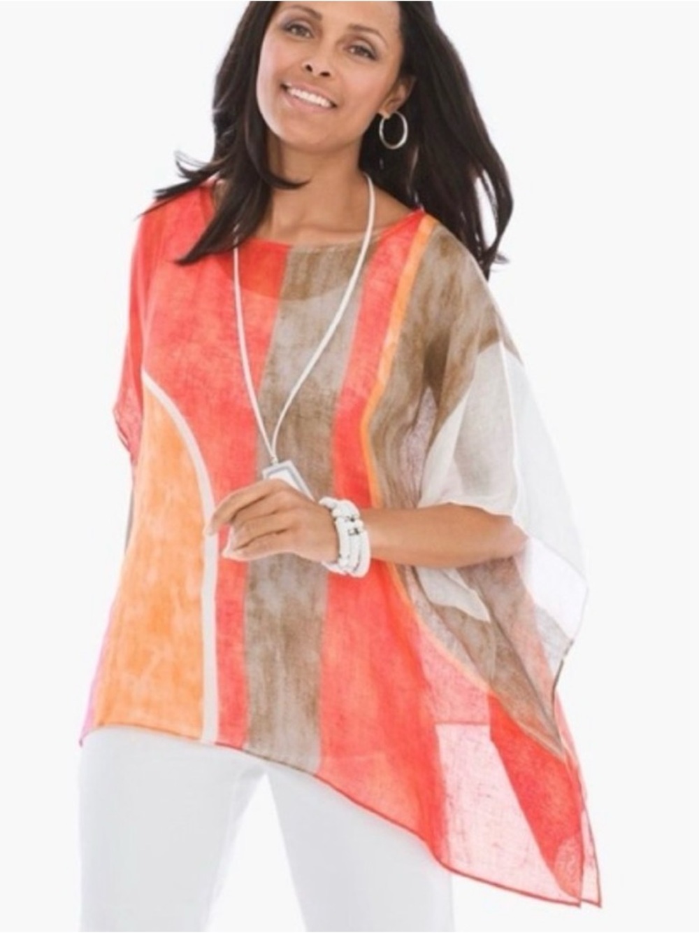 CHICO’S Gigi Poncho Geo Multicolor 100% linen L/XL lagenlook coastal grandma